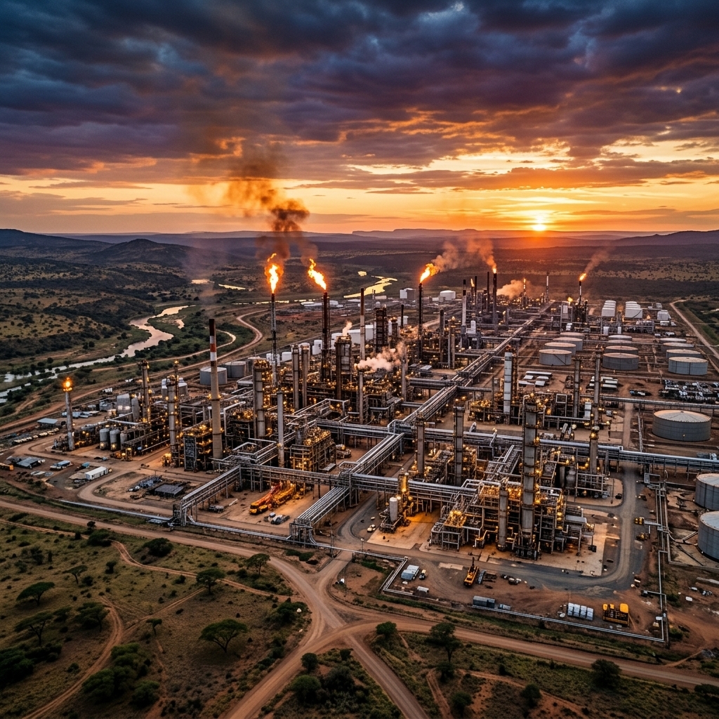 Oil and gas refinery at golden hour in Africa