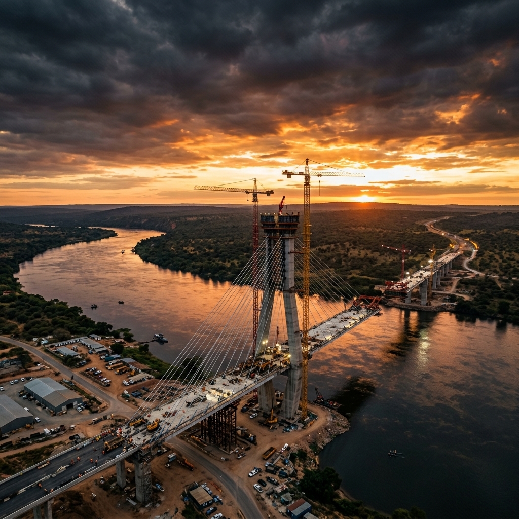 Bridge infrastructure construction project at sunset