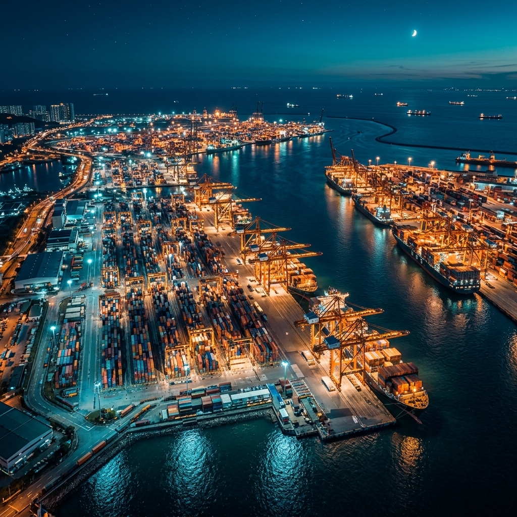 Global shipping port at night — international trade